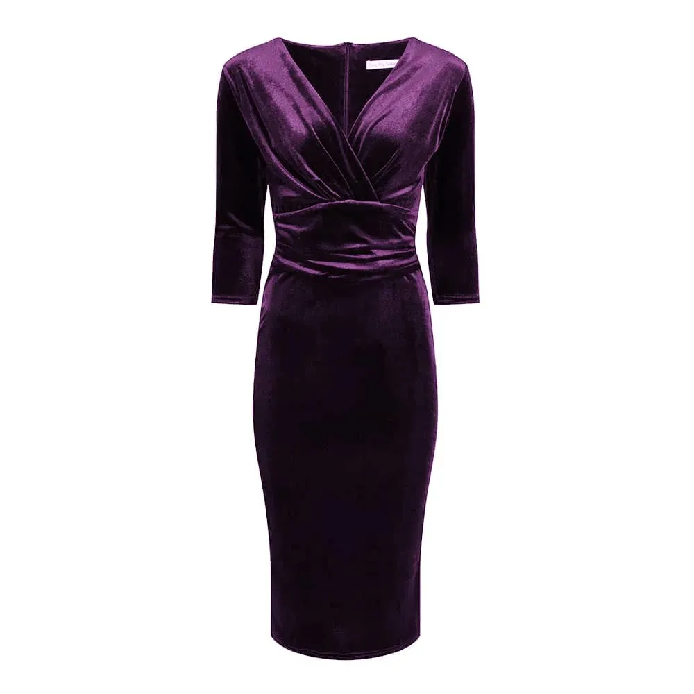 Purple Velour Deep V 3/4 Sleeve Bodycon Ruched Waist Wiggle Dress