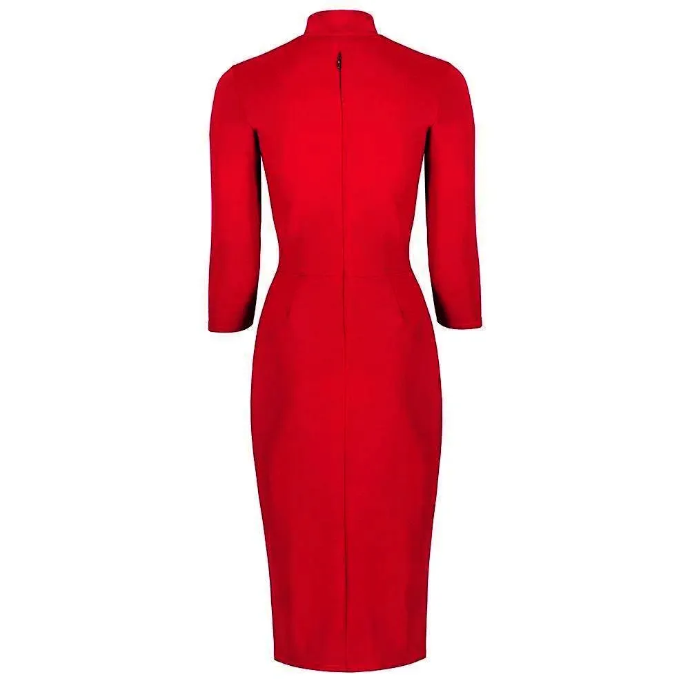 Red 3/4 Sleeve Tie Neck Bodycon Pencil Dress