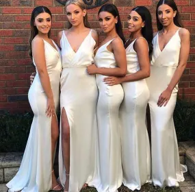 Sexy Mermaid Ivory V Neck Split Long Bridesmaid Dresses Sleeveless Prom Dresses