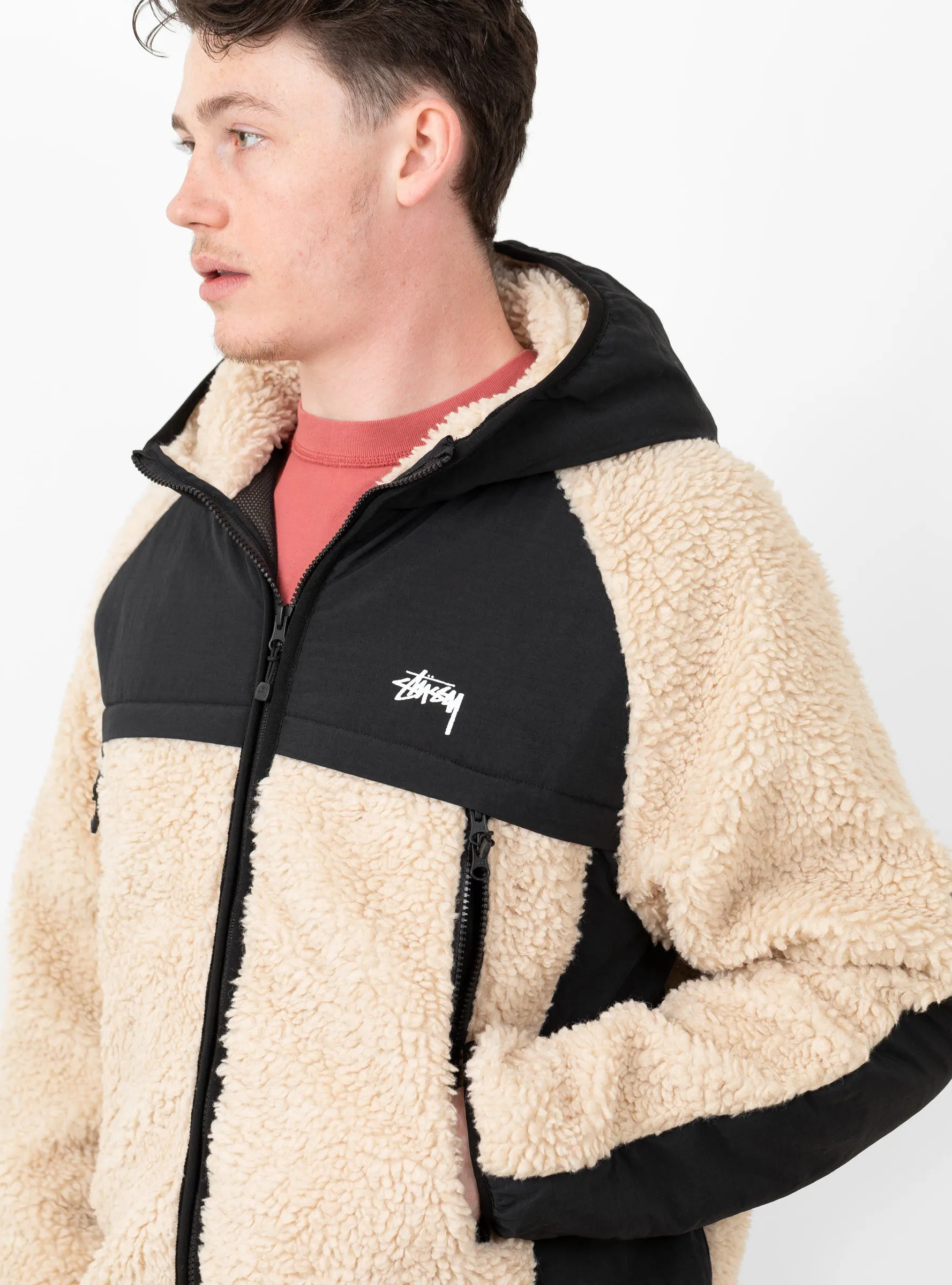 Sherpa Panelled Hooded Jacket Beige