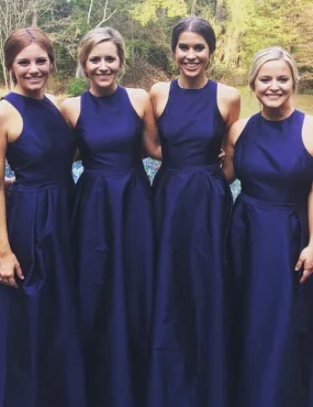 Simple Jewel Sleeveless Long Dark Blue Bridesmaid Dress