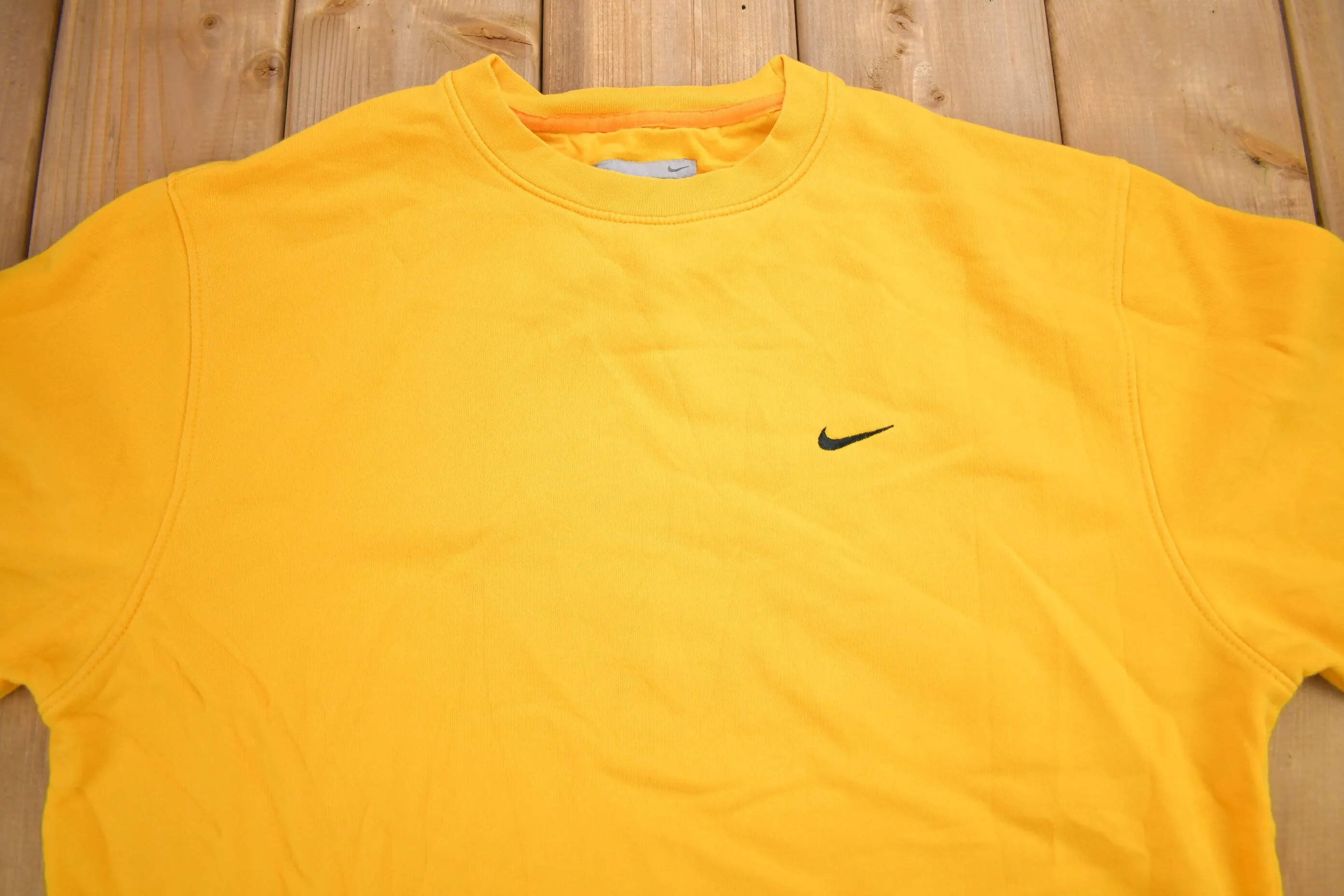 Vintage Y2K Nike Yellow Embroidered Mini Swoosh Crewneck Sweatshirt / Vintage Nike / Sportswear / Sun Faded Crewneck