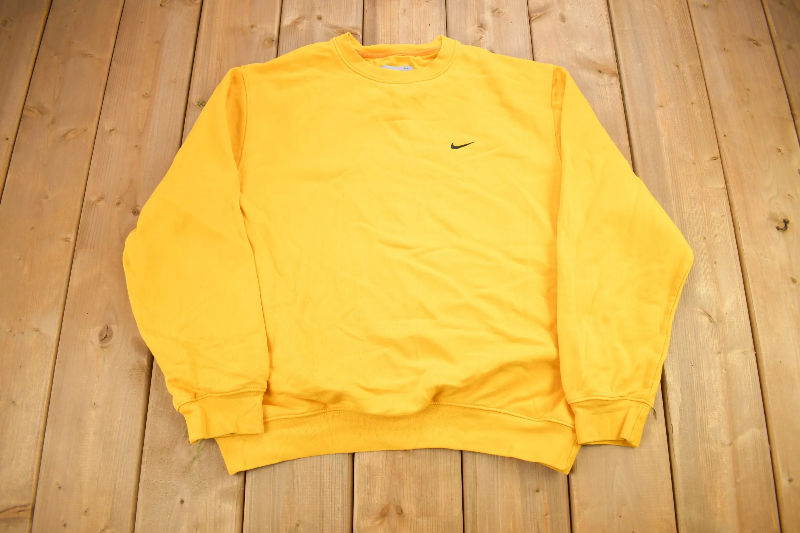 Vintage Y2K Nike Yellow Embroidered Mini Swoosh Crewneck Sweatshirt / Vintage Nike / Sportswear / Sun Faded Crewneck