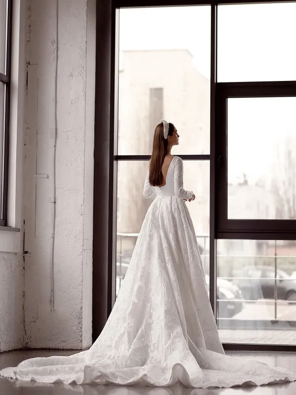 White Simple Wedding Dress With Train A-Line Jewel Neck Long Backless Sleeves Satin Fabric Bridal Gowns