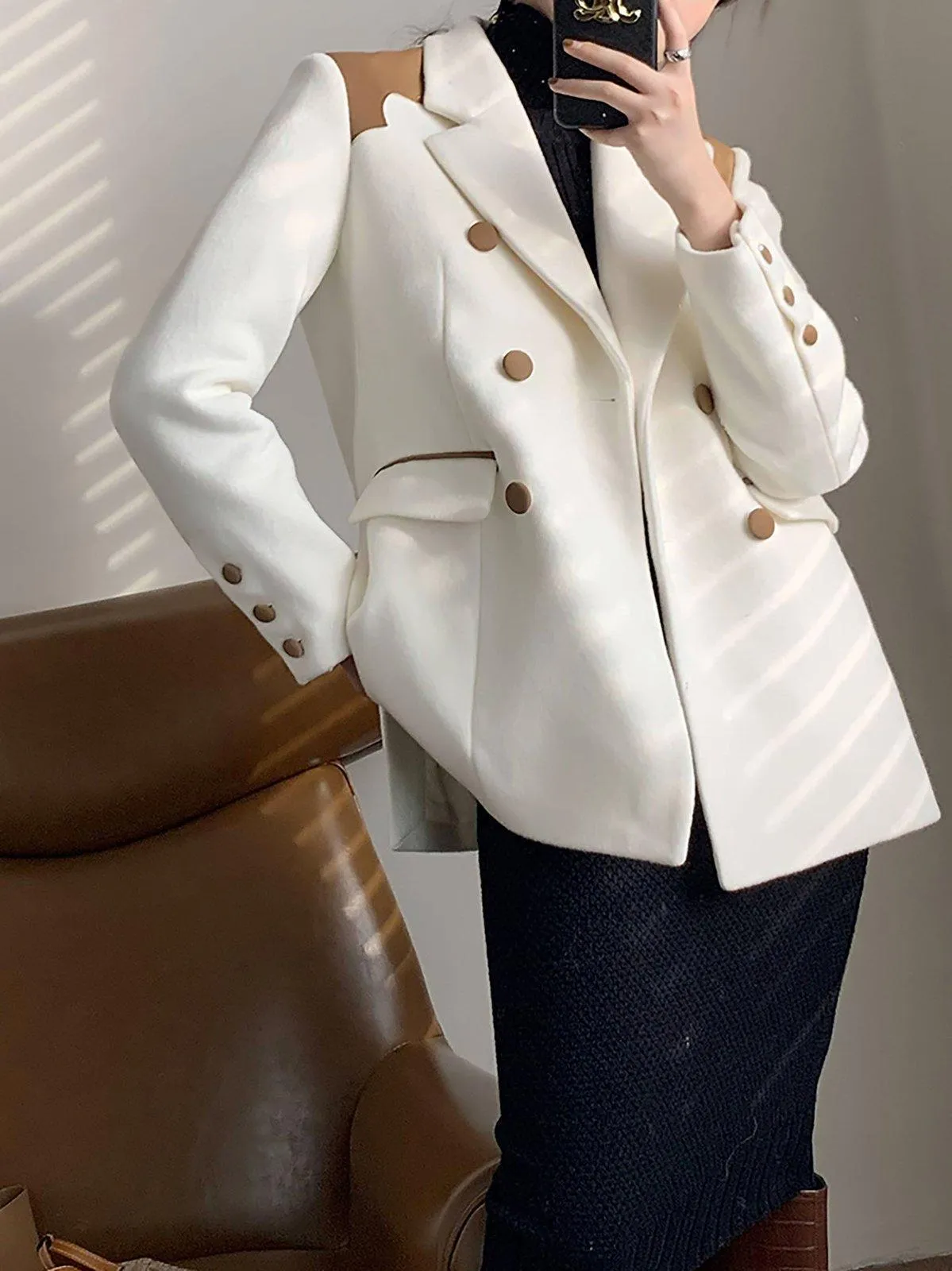 White Wool Faux Leather Blazer Suit Coat