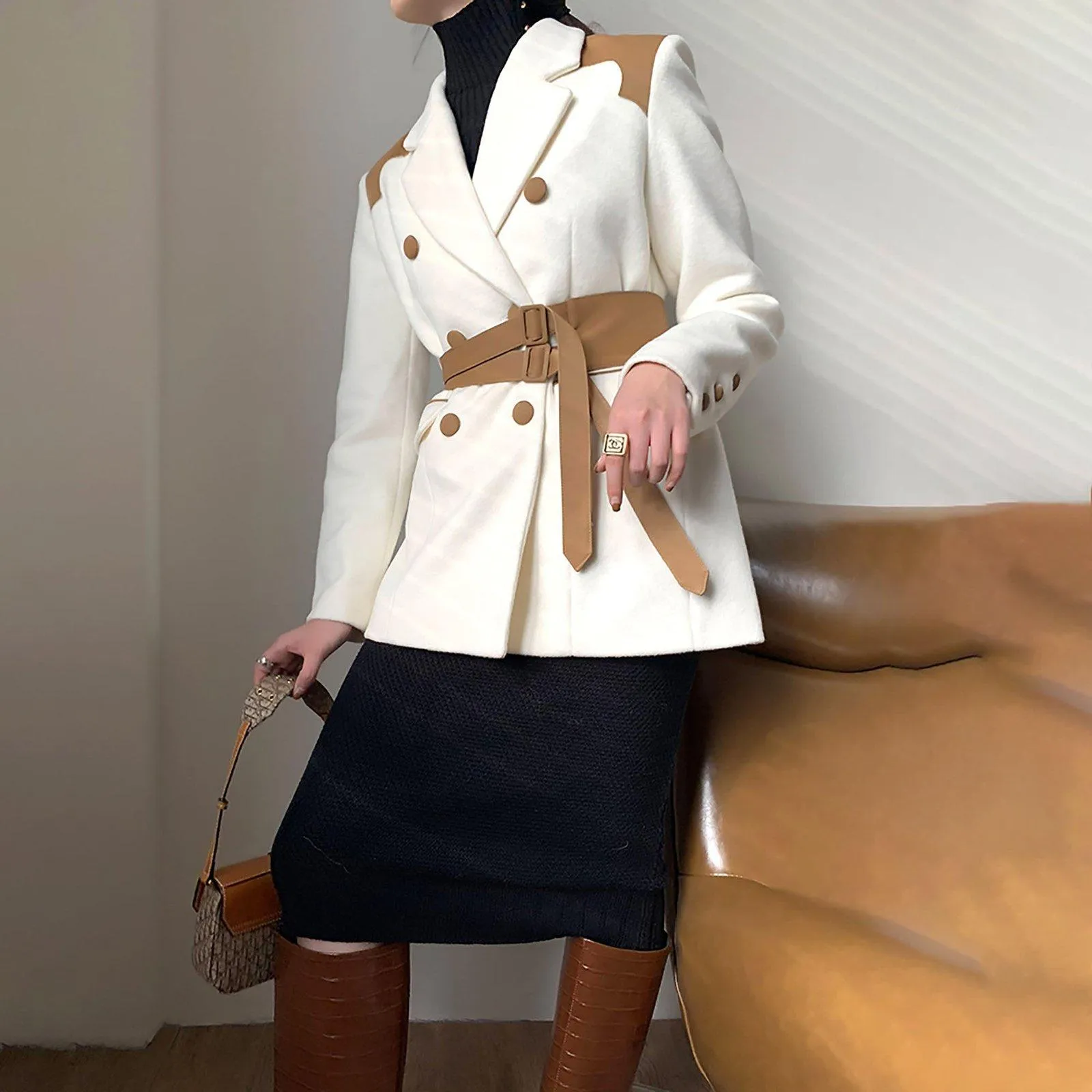 White Wool Faux Leather Blazer Suit Coat