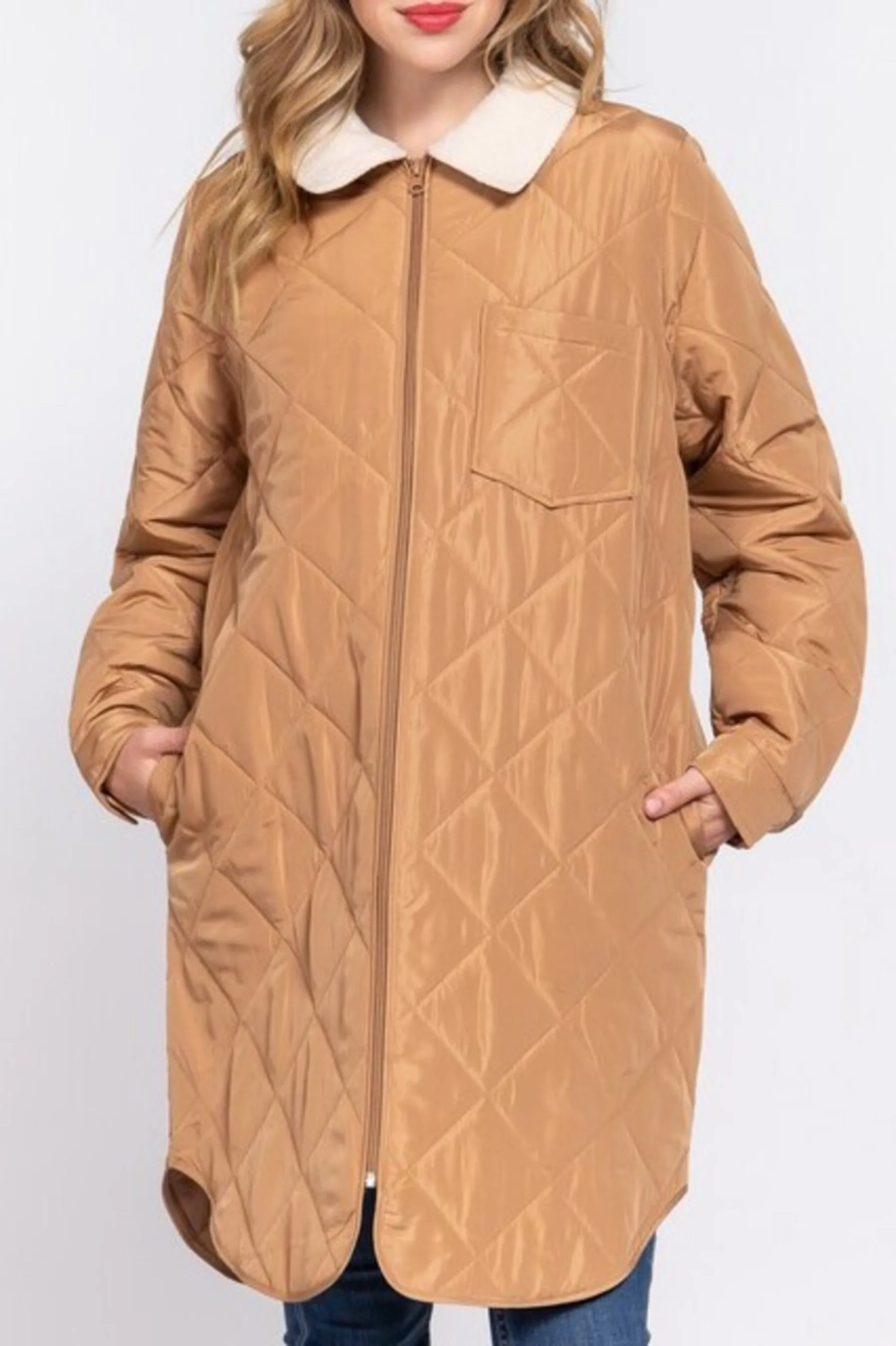 Women's Long sleeve fur collar detail quilted puffer long zip up jacket