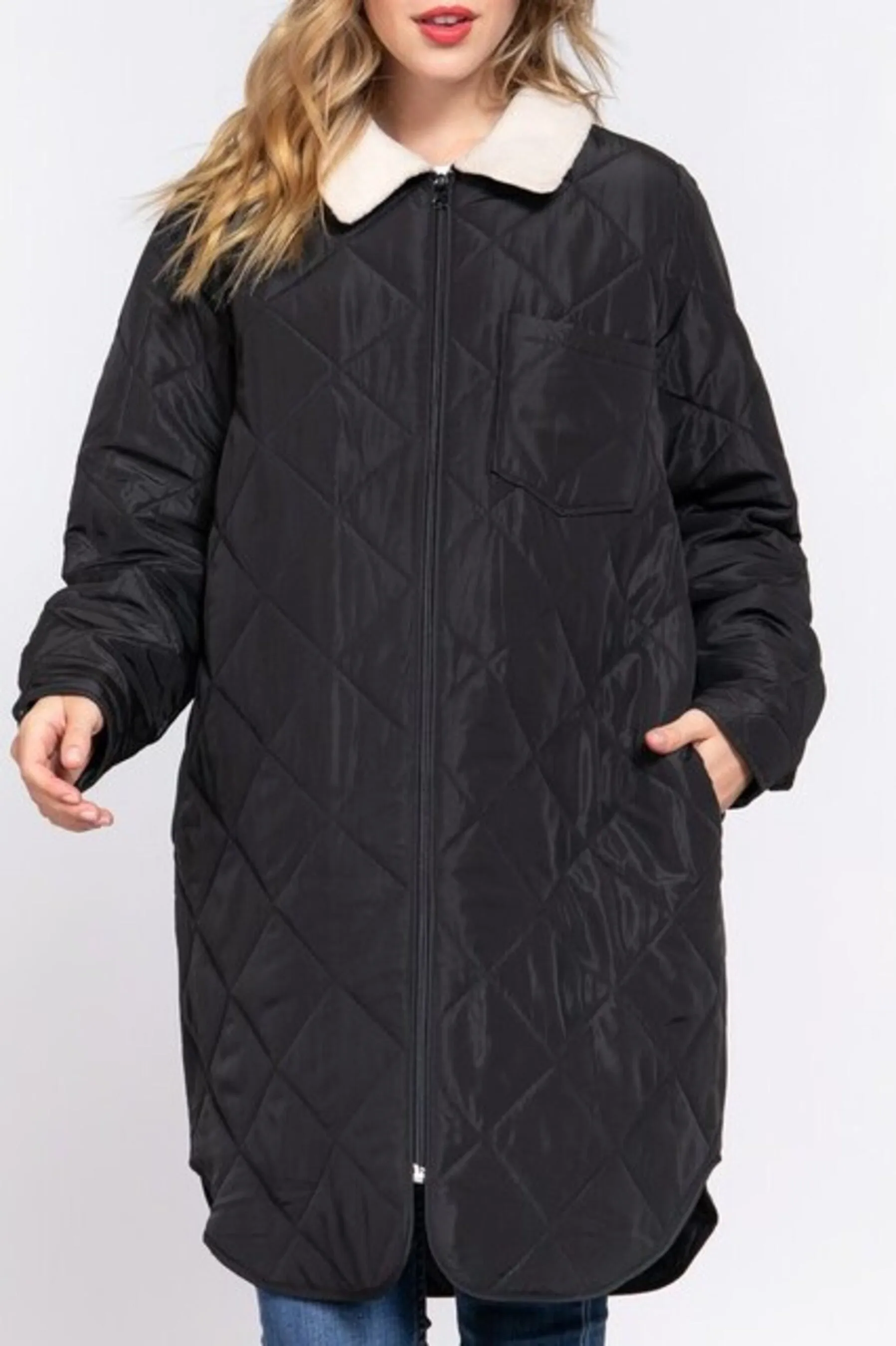 Women's Long sleeve fur collar detail quilted puffer long zip up jacket