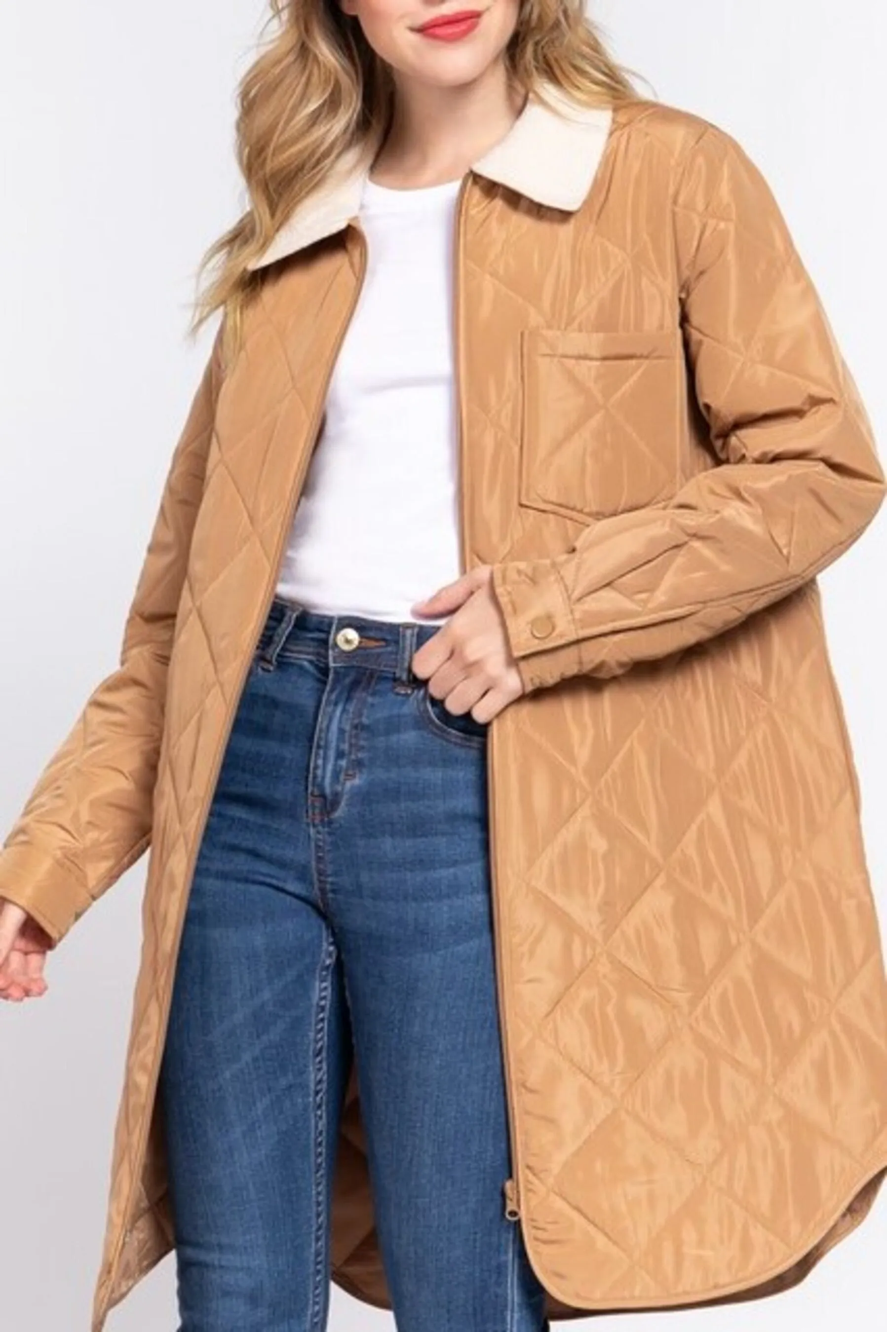 Women's Long sleeve fur collar detail quilted puffer long zip up jacket